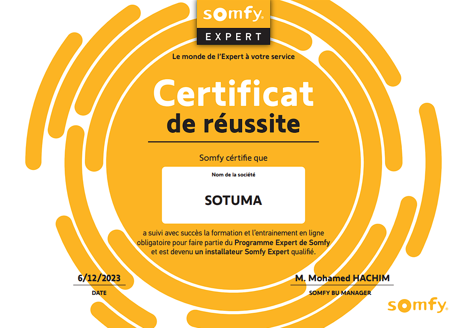 Certificat SOMFY